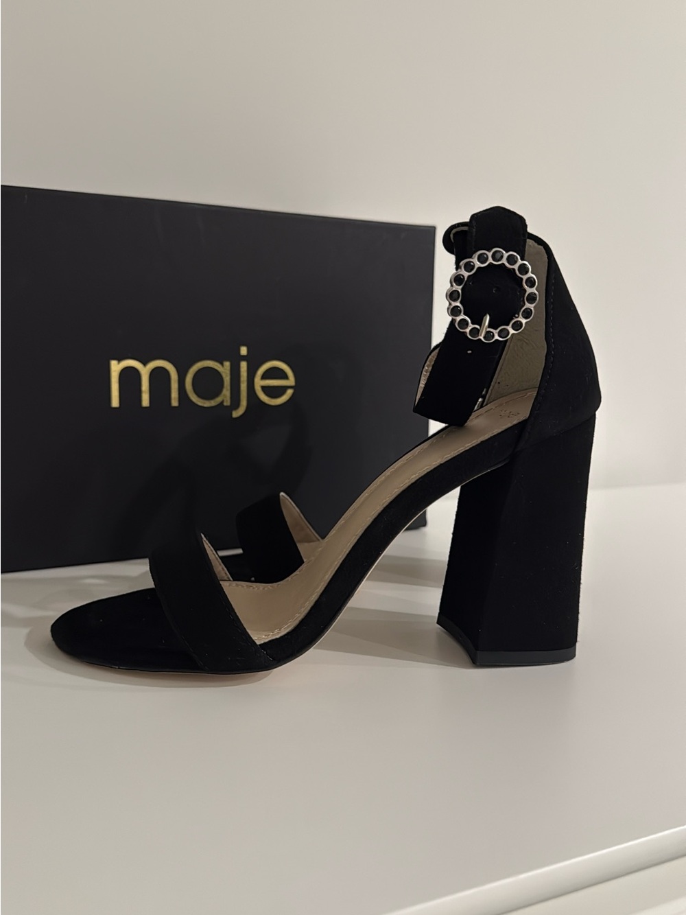 Maje Black Suede Block Heel Sandals with Jeweled Buckle Ankle Strap